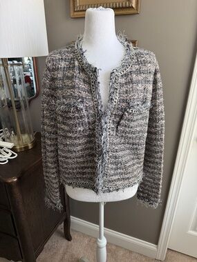 White House Black Market Gray Tweed Fringe Cardigan Jacket